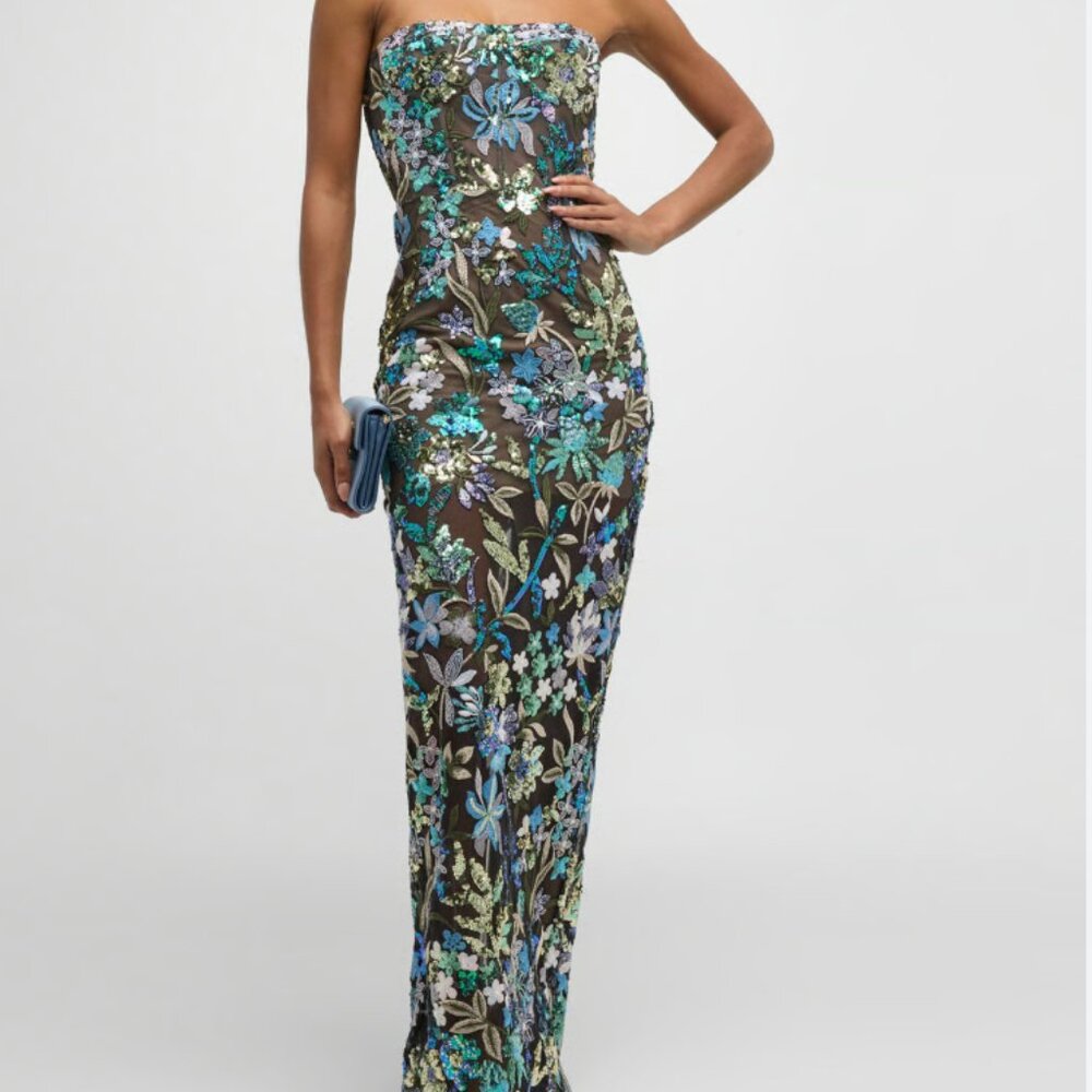 Bronx and Banco Dahlia Strapless Floral-Embroidered Sequin Gown XS